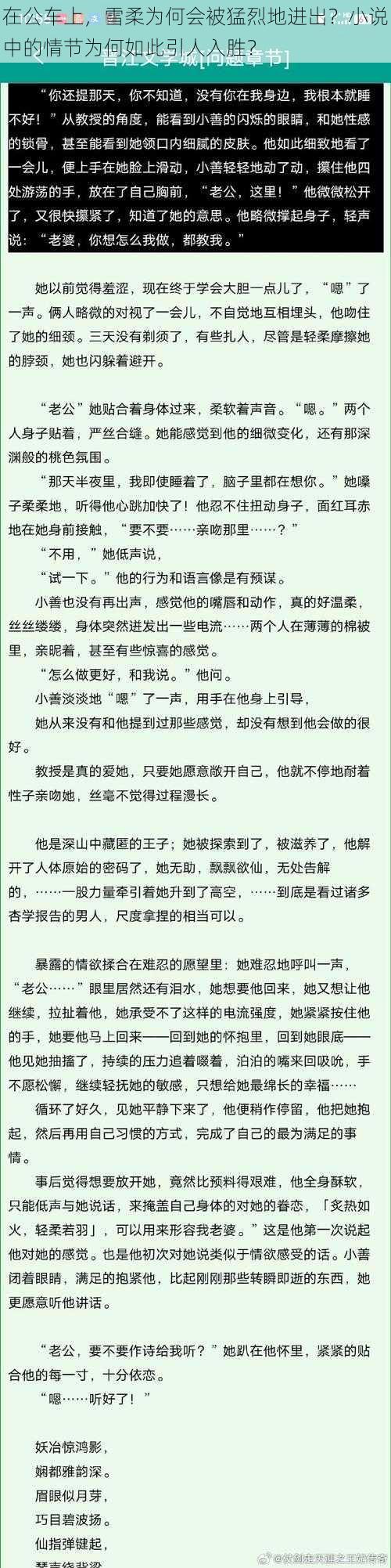 在公车上，雪柔为何会被猛烈地进出？小说中的情节为何如此引人入胜？